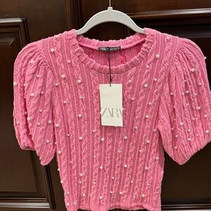 Pink Knitted Short sleeve Tshirt with pearls!